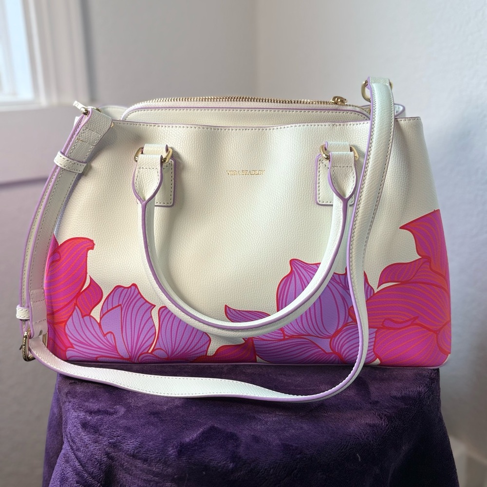 VERA BRADLEY | Emma Leather Satchel Paradise Floral Lilac and White